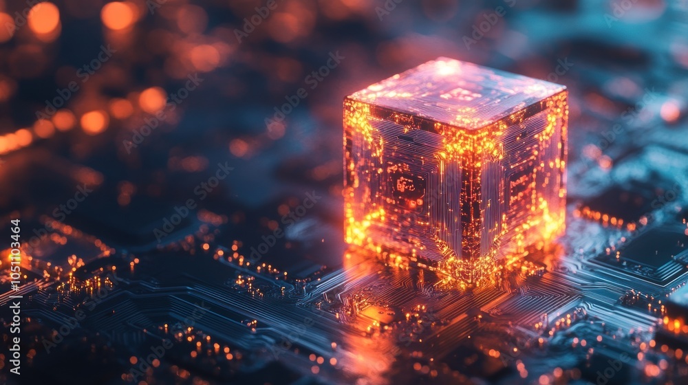 Poster artificial intelligence technology innovation concept with dynamic ai cube on glowing circuit board