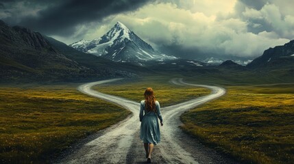 Fototapeta premium A woman at a fork in the road, making decisions. generative ai
