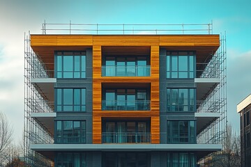 Obraz premium A modern apartment building with scaffolding during construction.