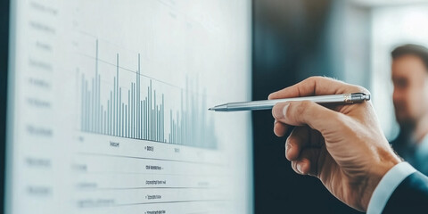 A person using a whiteboard to explain and show the plan to follow, financial graphs can be seen,