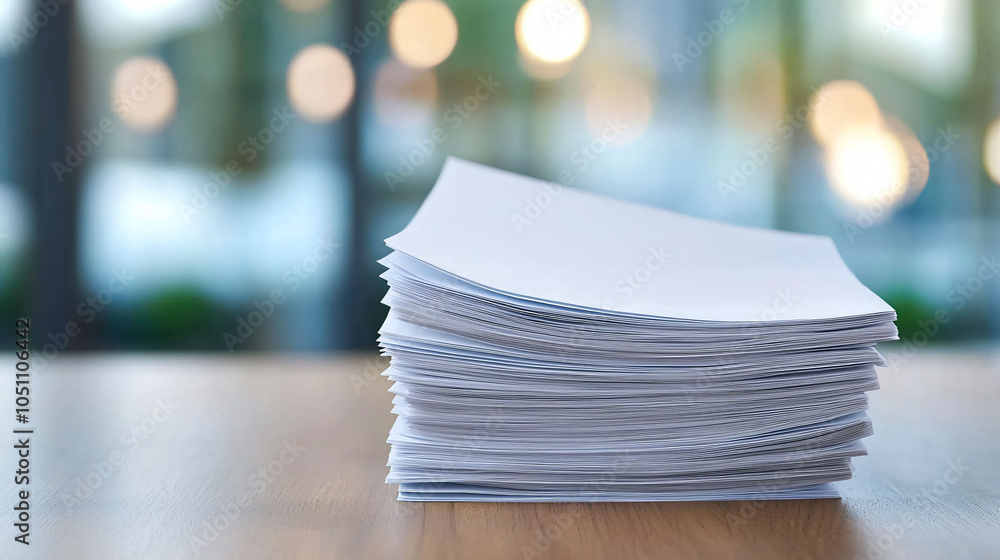 Poster stack of blank paper with blurred lights in background, creating calm atmosphere