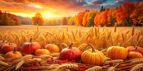 Golden Harvest A Collection of Pumpkins Amidst a Field of Wheat, Bathed in the Warm Glow of a Setting Sun