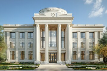 Fototapeta premium A grand, white stone building with columns and a clock tower.