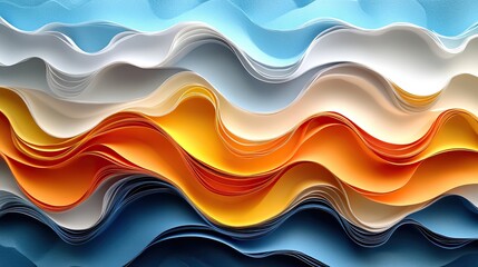 Fototapeta premium paper quilling design with flowing, curved wavy lines in yellow, orange, and white on blue background.illustration