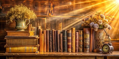 Obraz premium Sunlight illuminating a row of worn leather-bound books on a wooden shelf, accompanied by vintage floral arrangements and a delicate antique clock