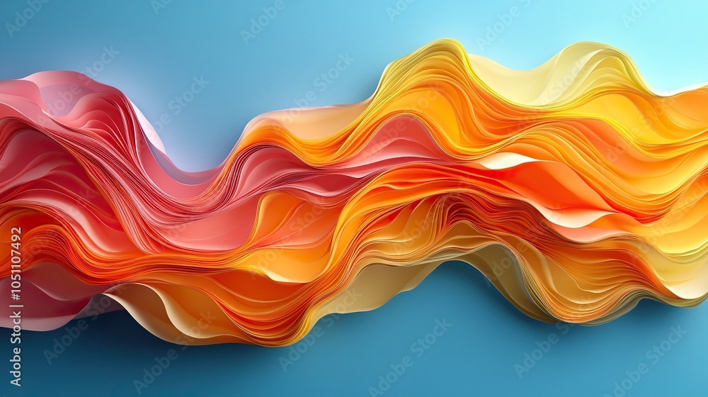 Aufkleber rendering of colorful paper quilling with flowing curved yellow and orange stripes on blue backgroun