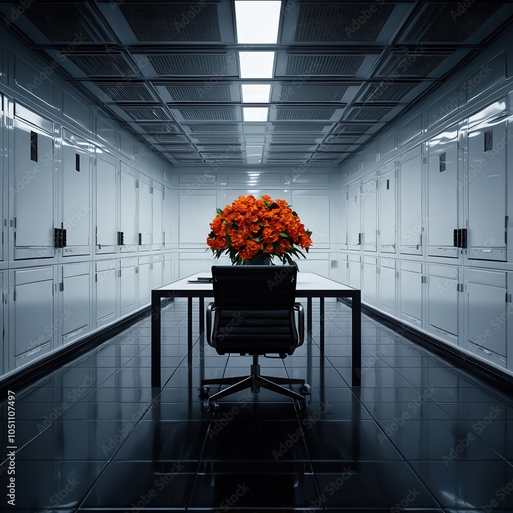 Poster a modern workspace with vibrant flora exploring minimalist design in professional environments