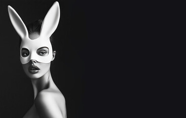 Sexy model in Easter Bunny mask on black studio background. Modern minimalist portrait of beautiful young woman. Space for text. 