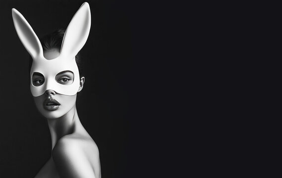 Sexy model in Easter Bunny mask on black studio background. Modern minimalist portrait of beautiful young woman. Space for text. 