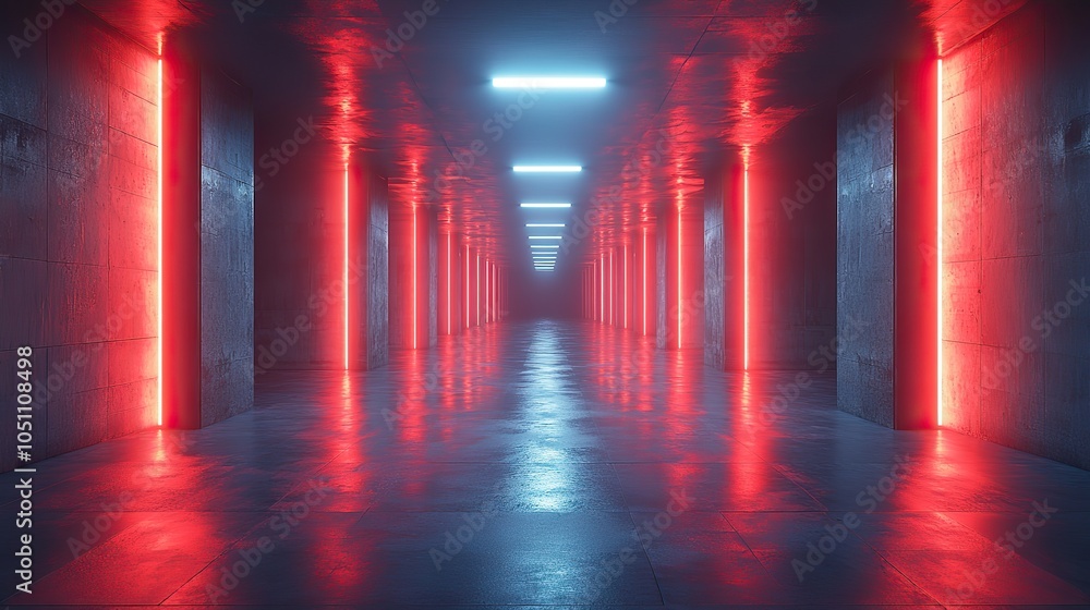 Poster rendering of an empty dark futuristic sci-fi hall features illuminated lights and neon light reflecting on the surface for dramatic effect.