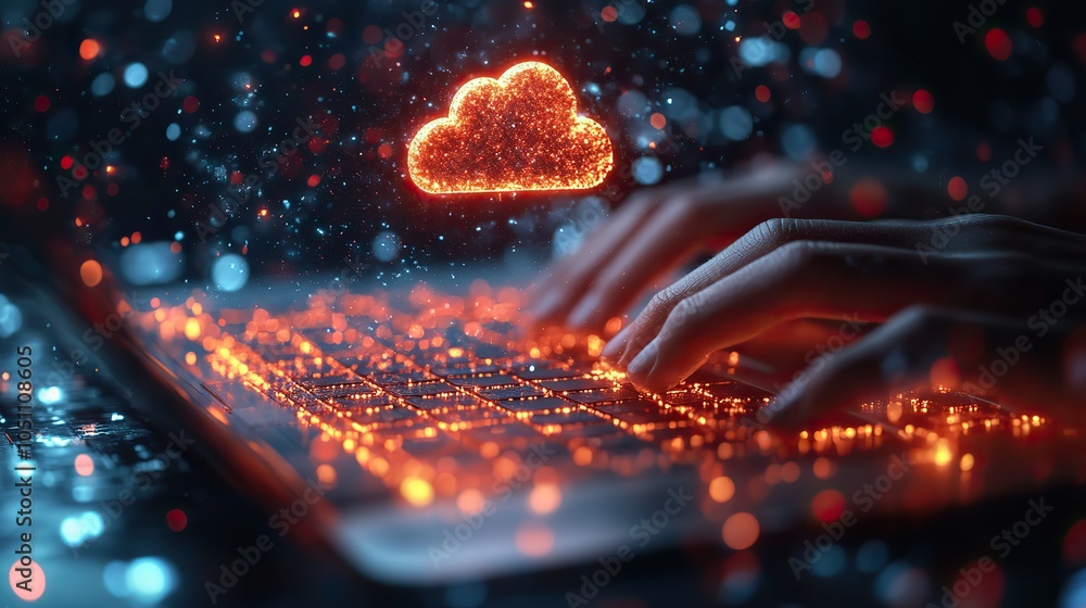 Aufkleber rendering of hands typing on laptop with cloud icon above, representing cloud computing.stock photo