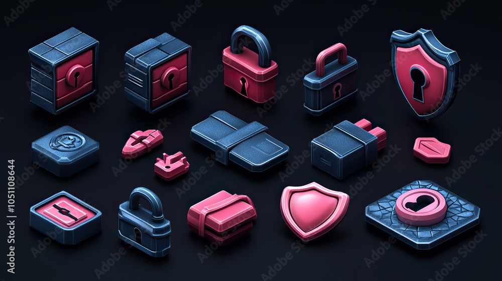 Poster secure icon set features cyber protection symbols like shields and padlocks, emphasizing security guarantees.illustration