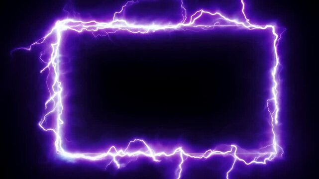 Purple lightning frame on black background. Neon rectangle design with electric effect animation. Power and energy concept. Future technology and electricity