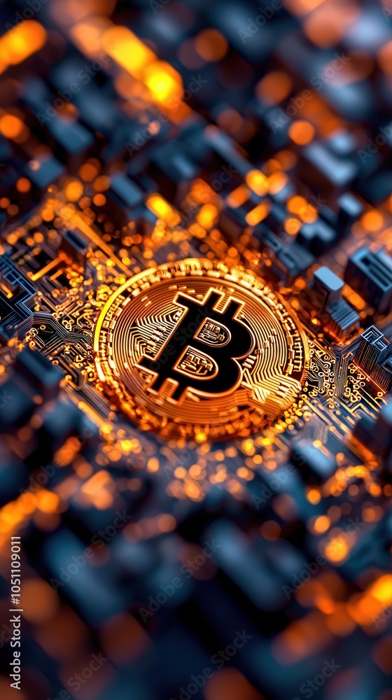 Poster exploring the digital realm of bitcoin through intricate circuitry and technology