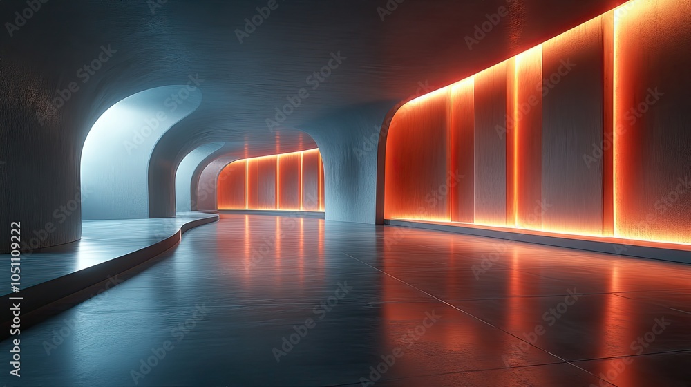 Poster rendered futuristic room with neon light lines reflecting on the floor in dark empty room, ideal for
