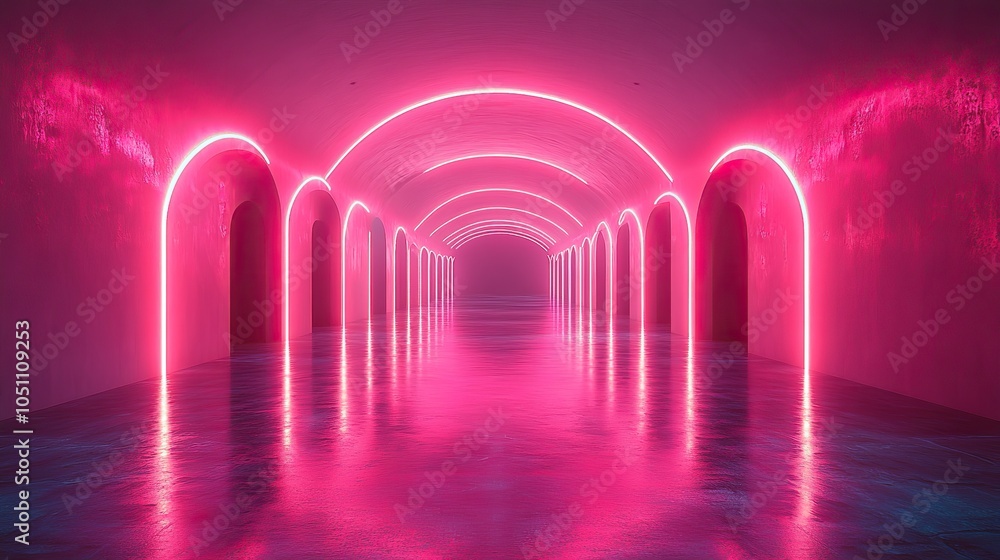 Aufkleber rendered futuristic room with neon light lines reflecting on the floor in dark empty room, ideal for