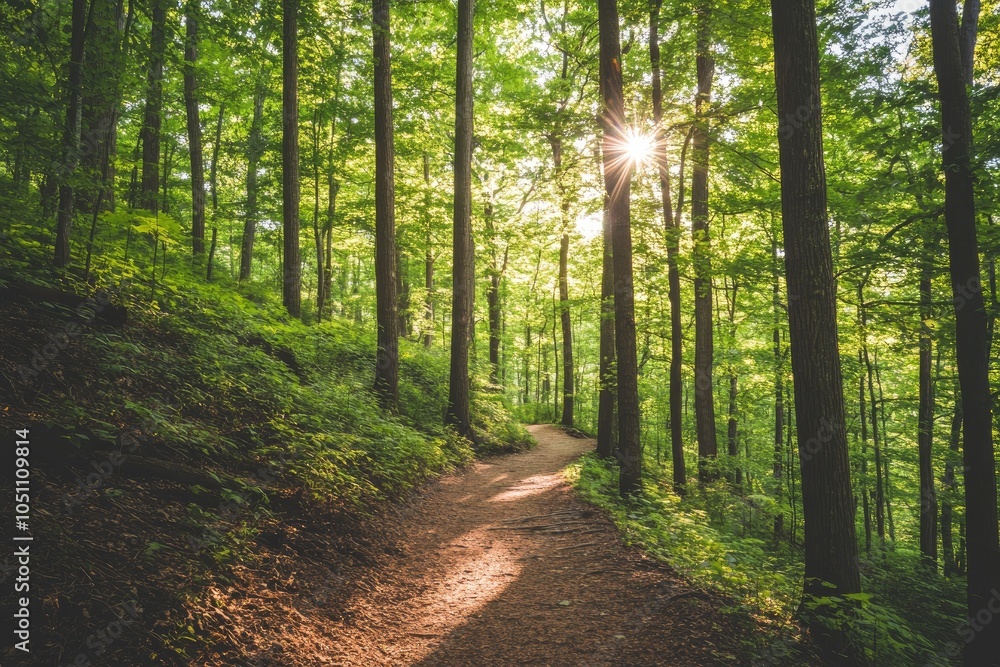 Poster Sunbeams Through Tall Trees on a Forest Path