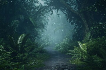 Fototapeta premium Mysterious jungle pathway surrounded by lush foliage, with soft mist creating an enchanting atmosphere in a peaceful environment.