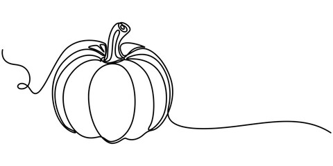 Autumn pumpkin in one continuous line drawing. Halloween and Thanksgiving greeting card in simple linear style. Fall harvest in editable stroke. Doodle vector illustration, Fall Pumpkin Continuous