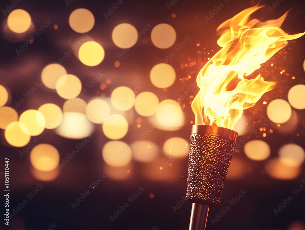 Poster a beautifully lit torch with vibrant flames against a soft bokeh background, creating a warm and inv