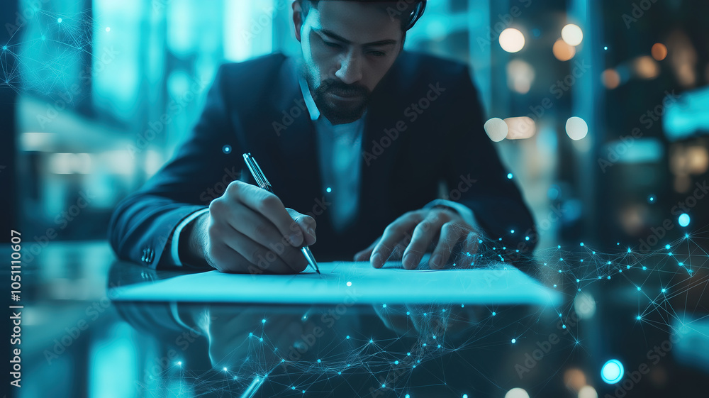 Poster exploring digital communication as a businessman writes on a virtual screen in a luminous setting
