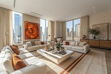 A spacious, modern living room with large windows overlooking the city.