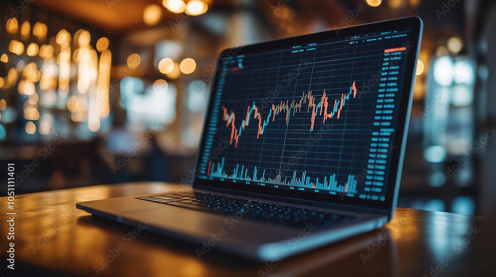 Poster analyzing financial data on laptop with brokers collaborating in a dynamic office environment