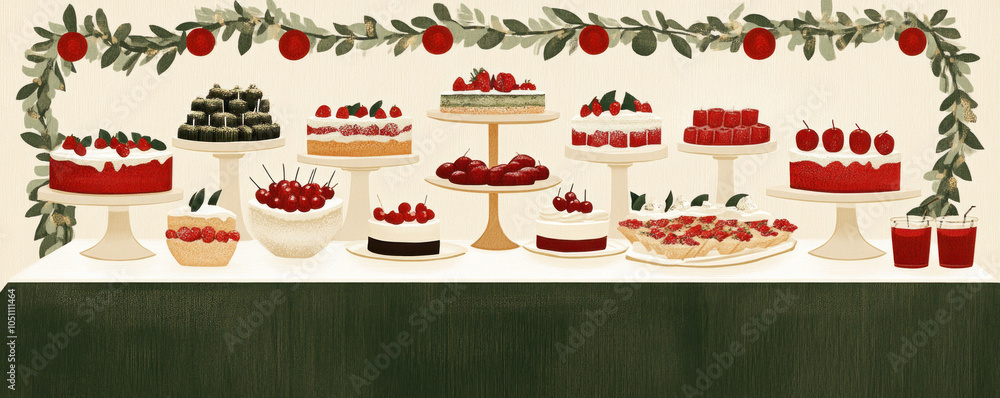 Aufkleber a table with many different types of cakes and desserts. the table is decorated with a red ribbon an