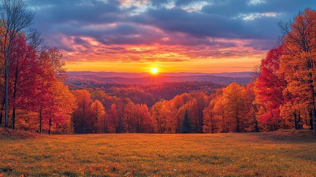 beautiful autumn sunrise with the words Hello October written on it, surrounded by fall colors.image
