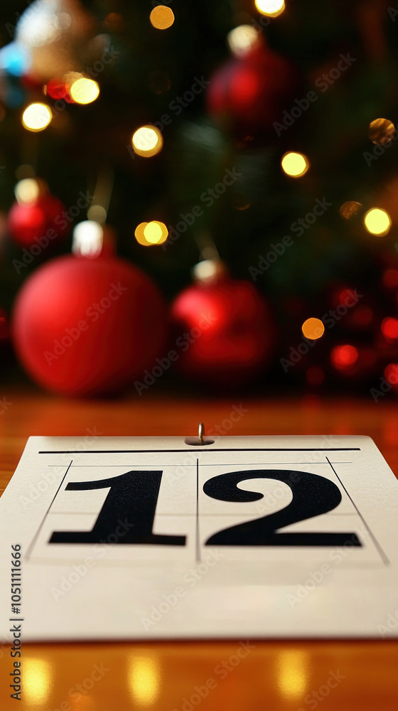 Poster a calendar with the number twelve on it. the calendar is on a wooden table. the table is surrounded 