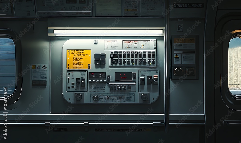 Poster control panel inside a train compartment, featuring buttons and display for operation.