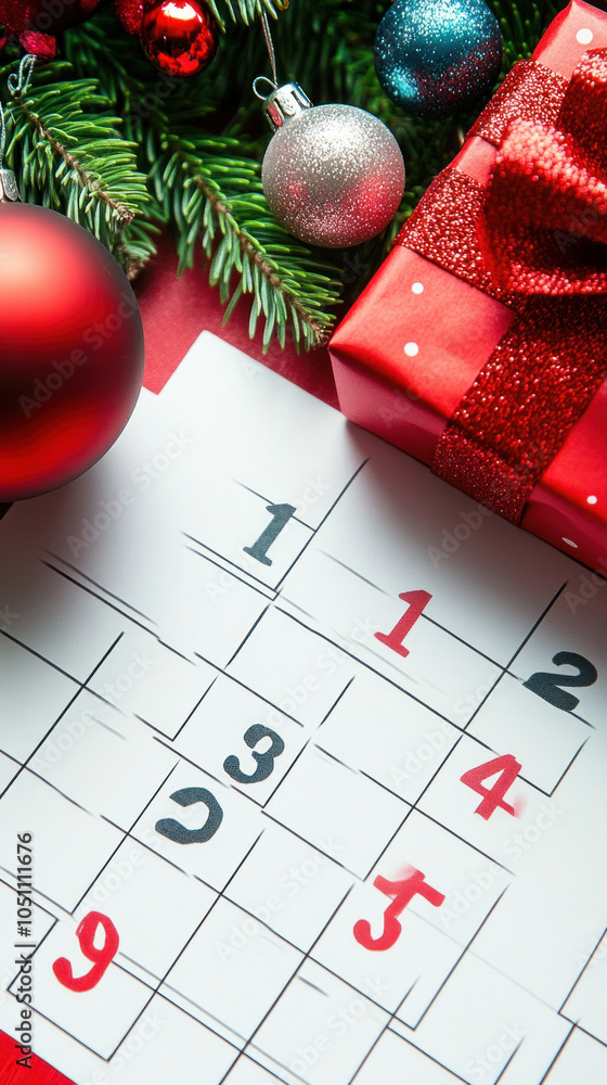 Poster a calendar with the numbers 1 to 14 on it. the calendar is on a table with a christmas tree and a re