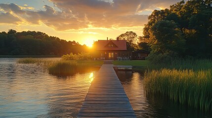 Fototapeta premium beautiful house on the water with an oversized dock, surrounded by nature, ideal for summer evenings.image