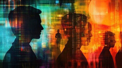 A collage of abstract silhouettes of diverse professionals intertwined with digital elements like binary code and network connections,