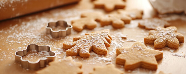 A tray of cookies with a tree and stars on them. The cookies are covered in powdered sugar