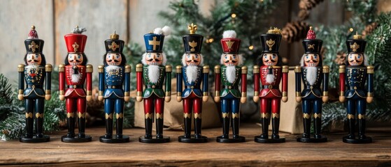 Fototapeta premium Eight Traditional Christmas Nutcracker Figures Arranged on Wooden Surface