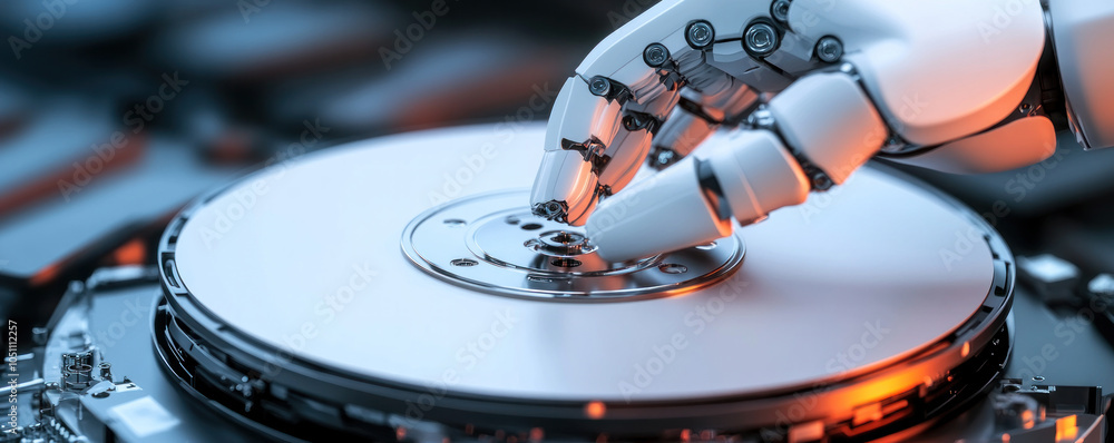Aufkleber a robot is touching a white disk. the robot is white and has a metallic look