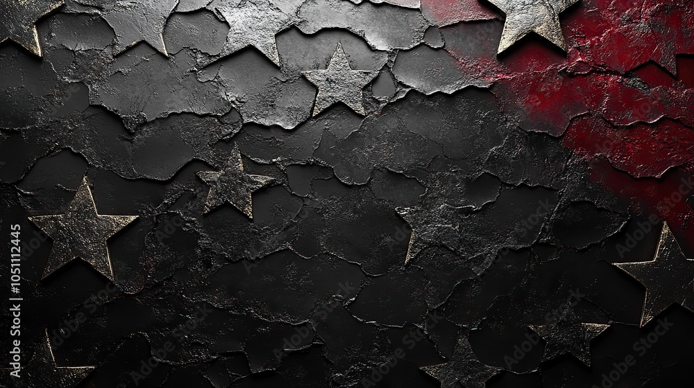Poster black and gray background features stars and stripes in an american flag pattern, symbolizing nation