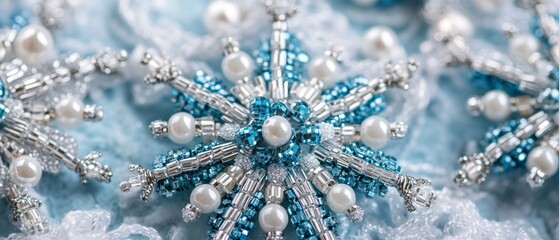 Close-up of a Beaded Blue and Silver Snowflake Ornament