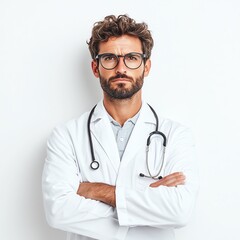 Fototapeta premium Confident male doctor with glasses and stethoscope, white background.