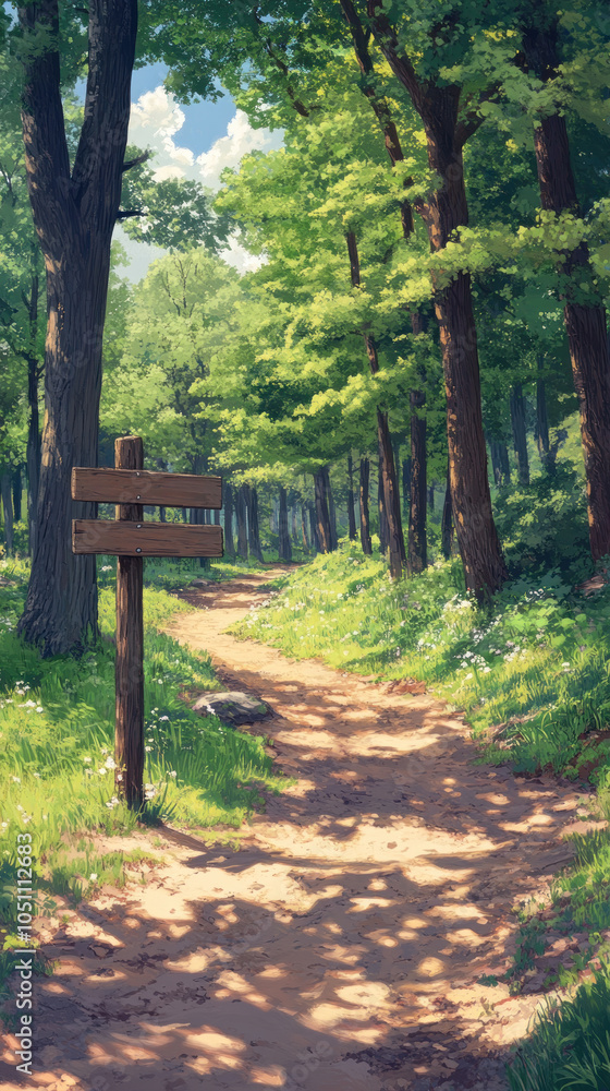 Poster a path through a forest with a wooden sign on the left side. the sign is pointing to the right. the 
