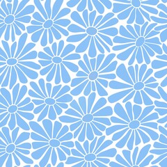 Retro Groovy Flowers Blue Seamless Pattern