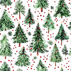  Watercolor Christmas tree pattern, white background, red dots, green tree