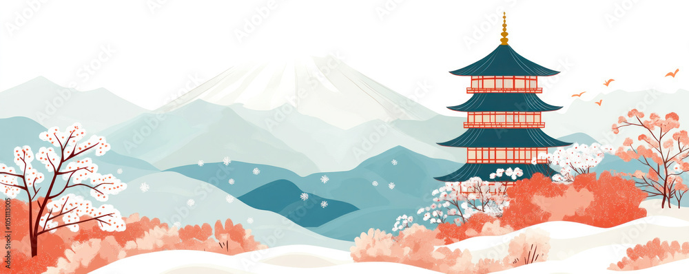 Poster a mountain range with a large building in the background. the building is a pagoda. the sky is blue 