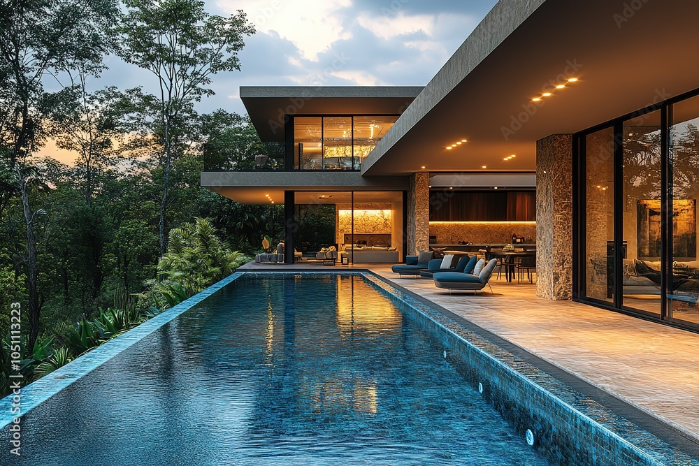 Poster modern home with a pool and a view of the forest.