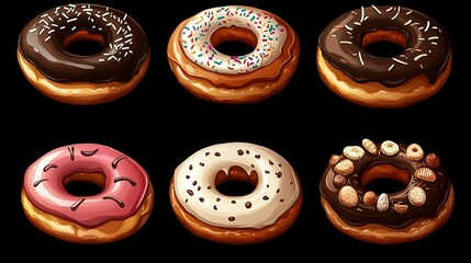 Fototapeta premium Six Glazed Donuts with Various Toppings on a Black Background