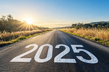 A scenic view of a road leading to the horizon with the year 2025 marked on it, under a beautiful sunrise, surrounded by golden grass.