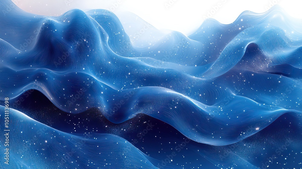 Poster blue and white background with wave-like elements, dots, and lines, creating gradient effect.illustration
