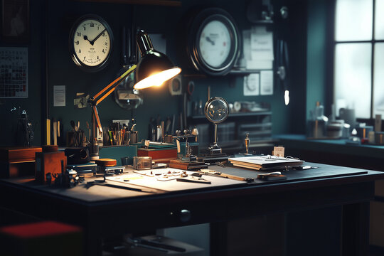 Intricate Watchmakers Table Swiss Watch Repair Shop Background for Horologists and Collectors