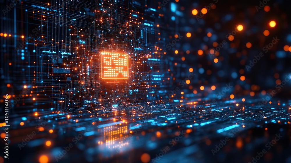 Aufkleber blue background with digital technology elements, symbolizing dat science and artificial intelligence with glowing effects.stock photo